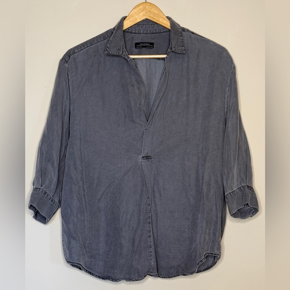 Zara V Neck Boho Premium Denim Tunic Top Blouse Pullover Lyocell Women’s M Gray